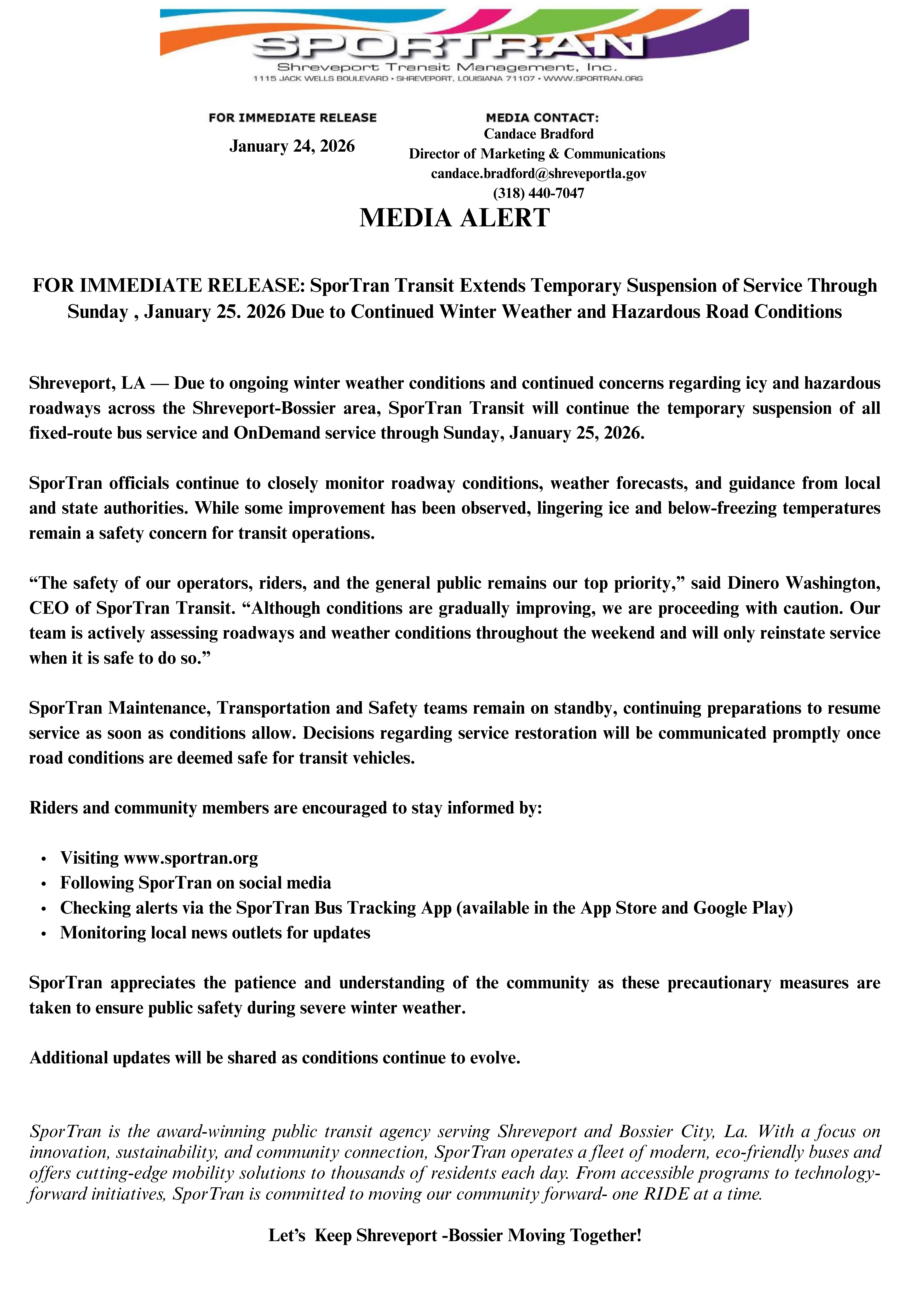 SporTran Extends Temporary Suspension of Transit Service 