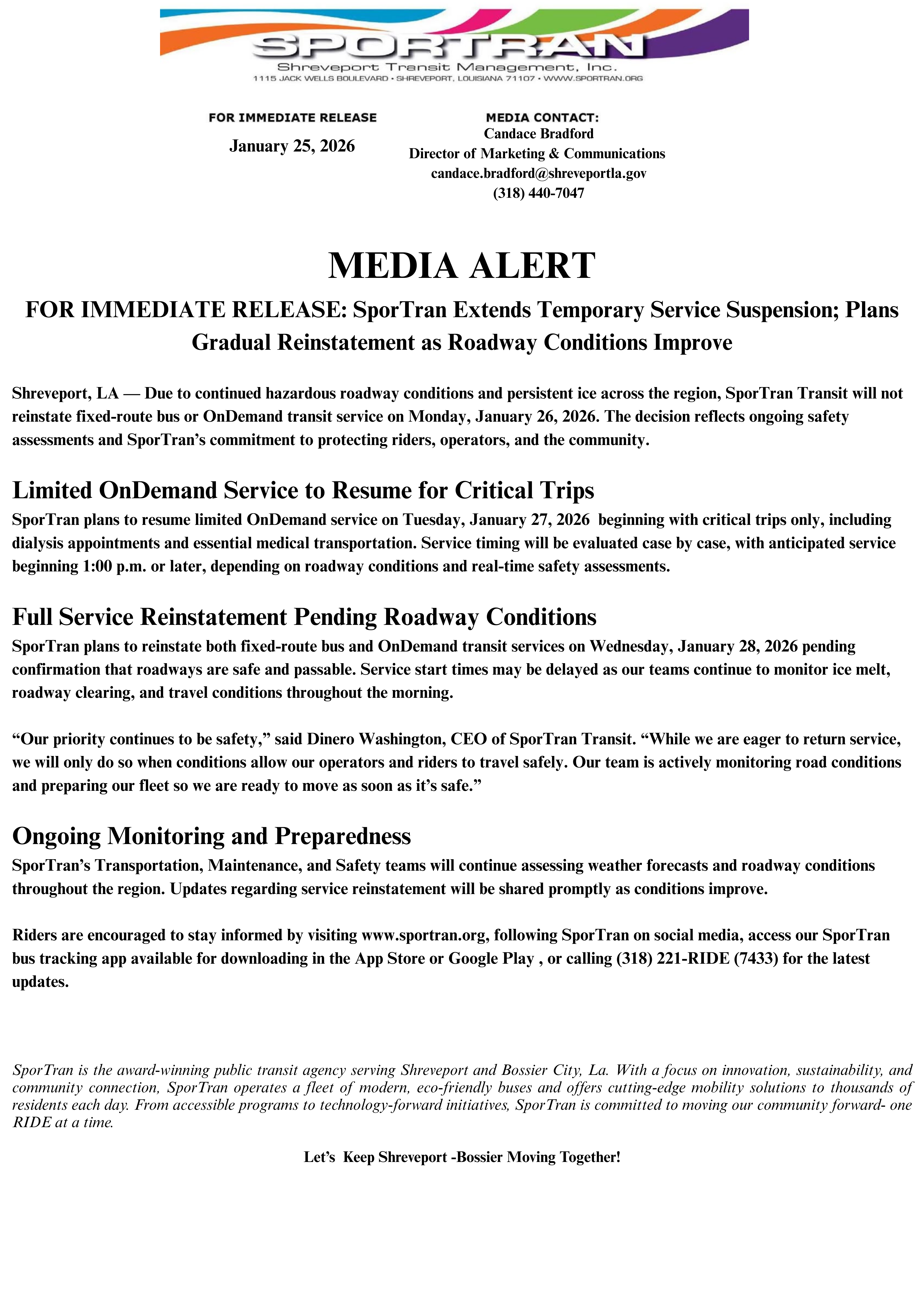 SporTran Extends Temporary Service Suspension